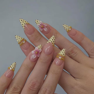3 D nail art with Effects yellow polka in Long Almond shape